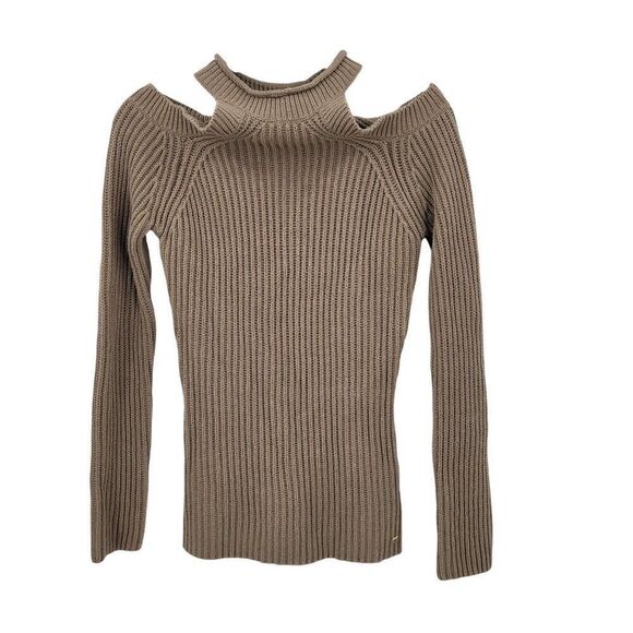 90s EAC Womens Cold Shoulder Ribbed Knit Sweater Sz S Cotton Blend Neutral Tan - Picture 12 of 12